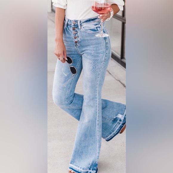 Umorger Blue High Waist Buttoned Distressed Flared Jeans - Picture 2 of 4